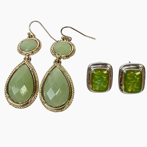 Earrings Lot Green Color Beads Stones 9 Pair Pierced Clip On Gold And Silvertone - Picture 3 of 13